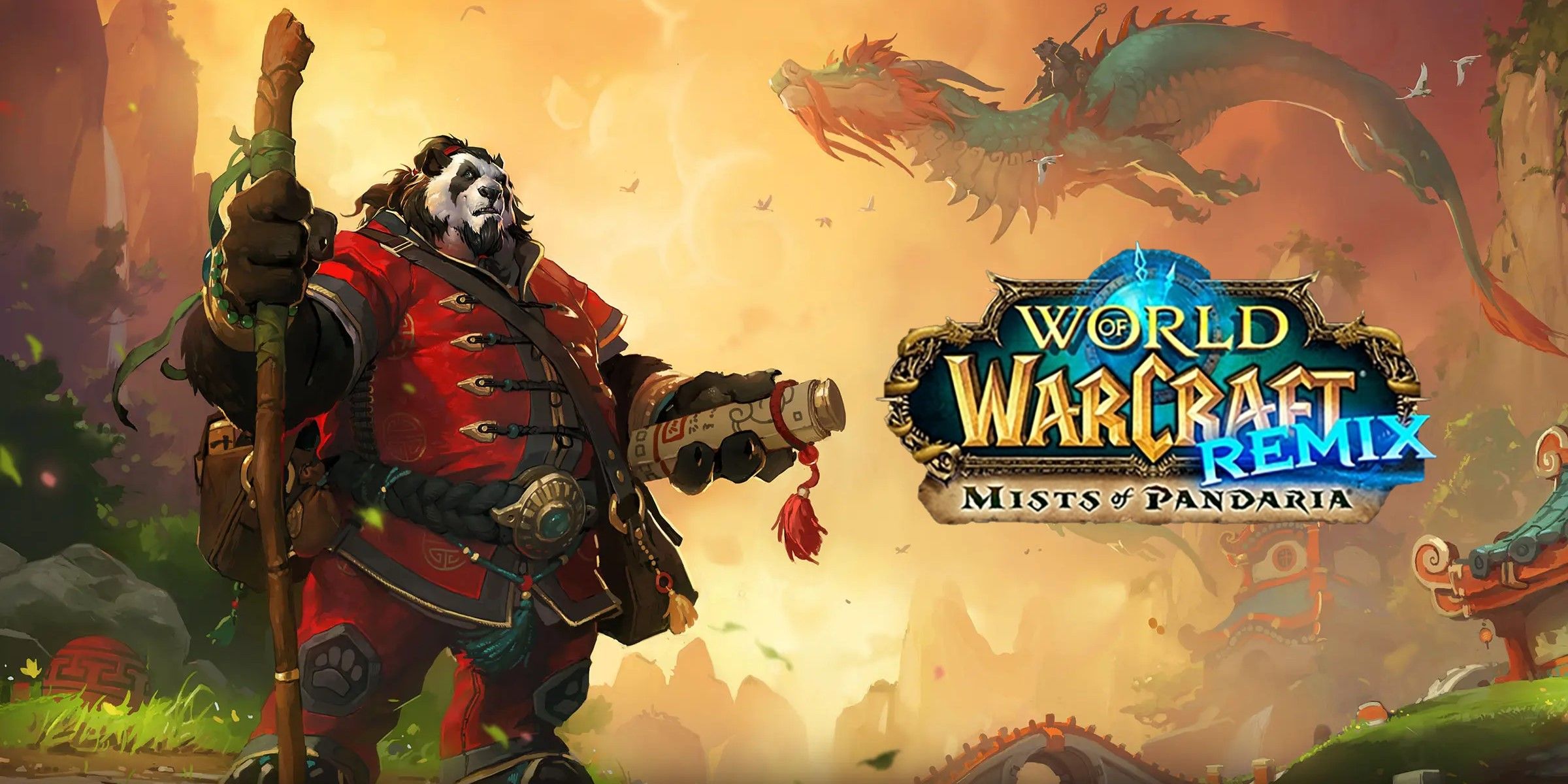 mists of pandaria promotional art with the remix logo on it