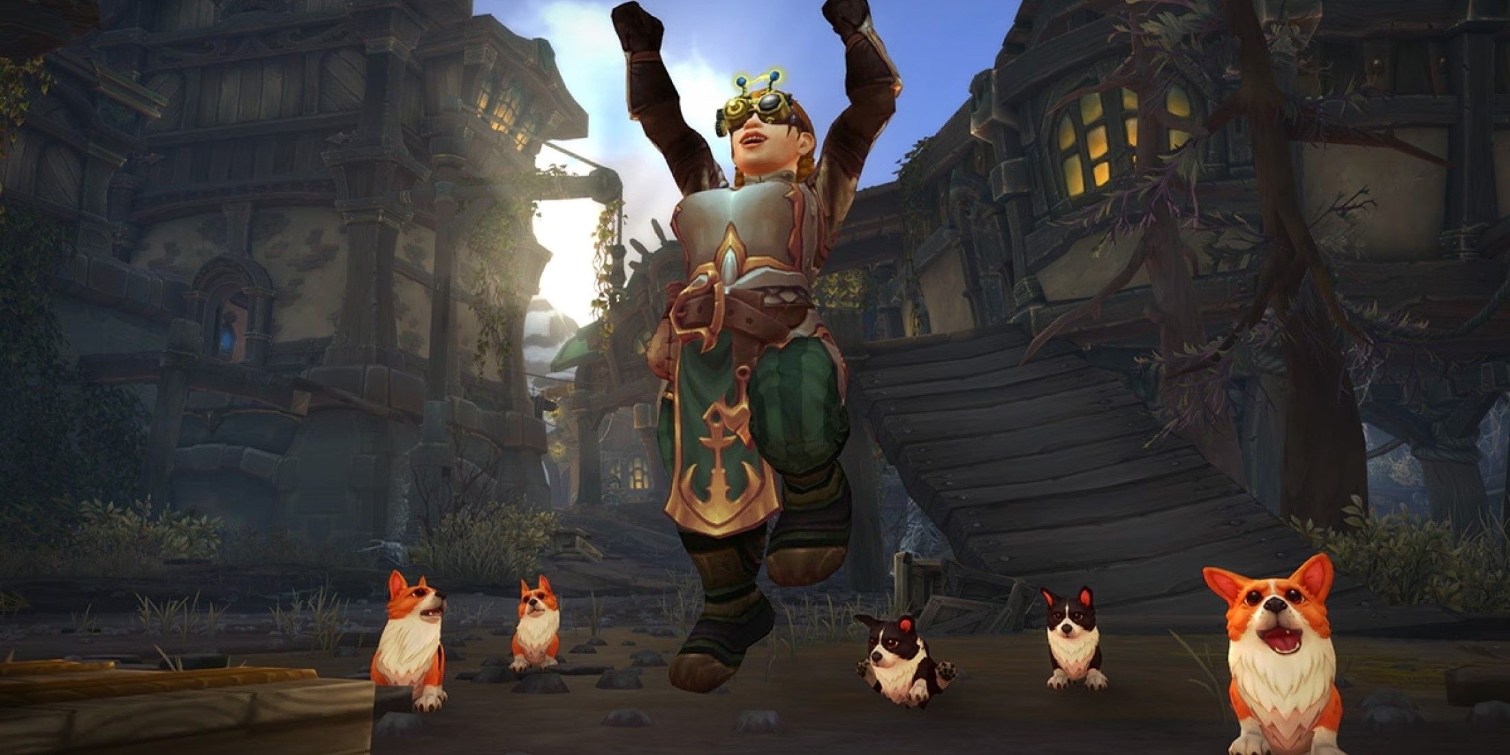 a dwarf with the corgi glasses surrounded by puppies in kul tiras