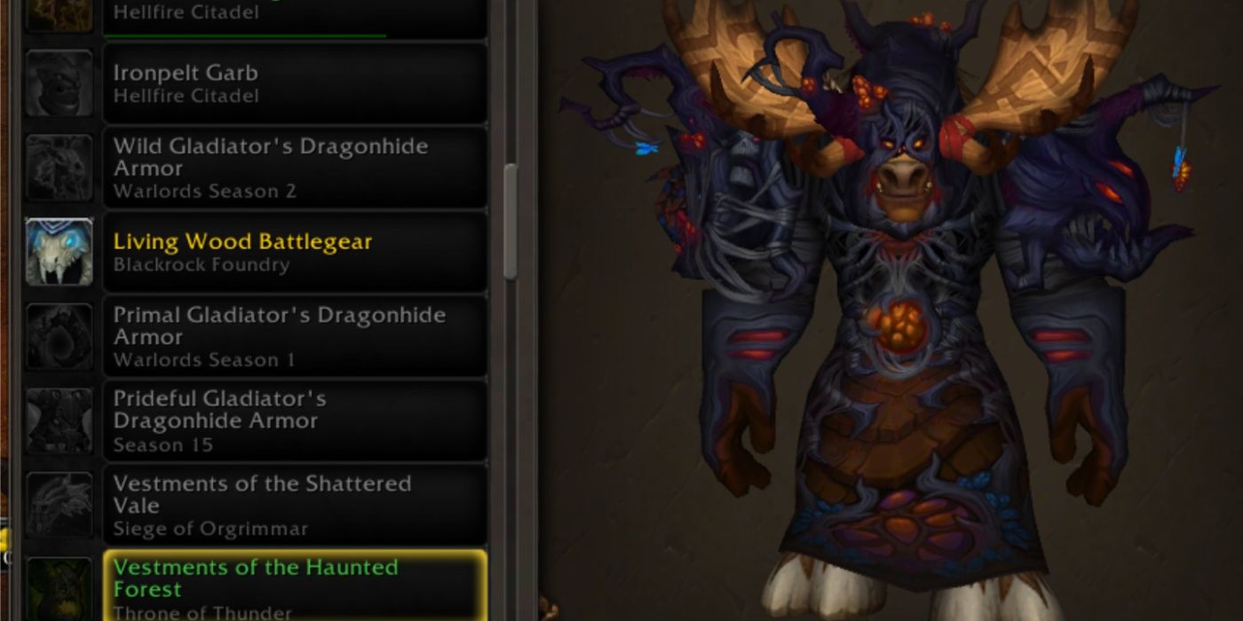 WoW tauren wearing the Vestments of the Haunted Forest transmog