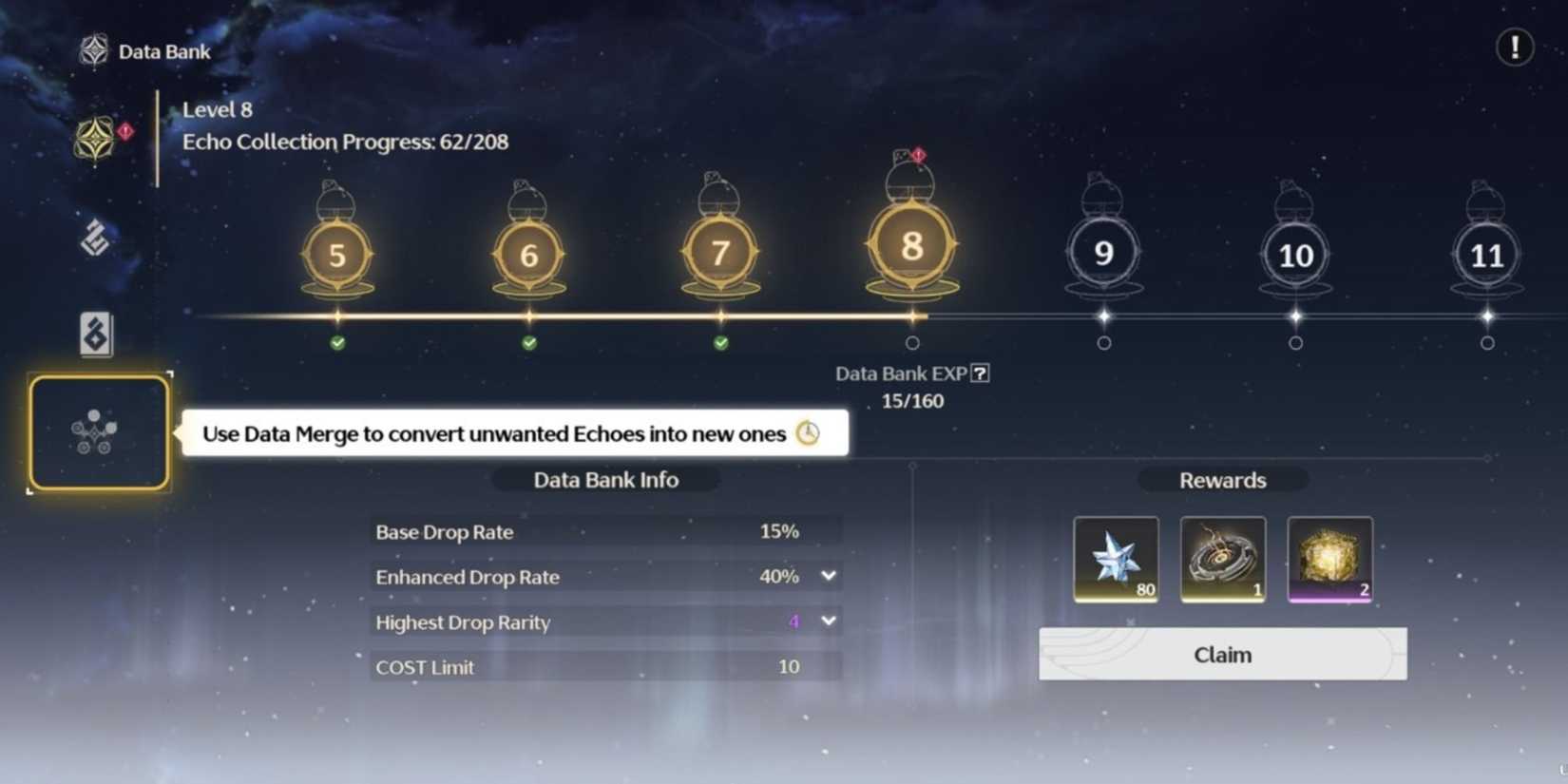 the data merge menu in wuthering waves.