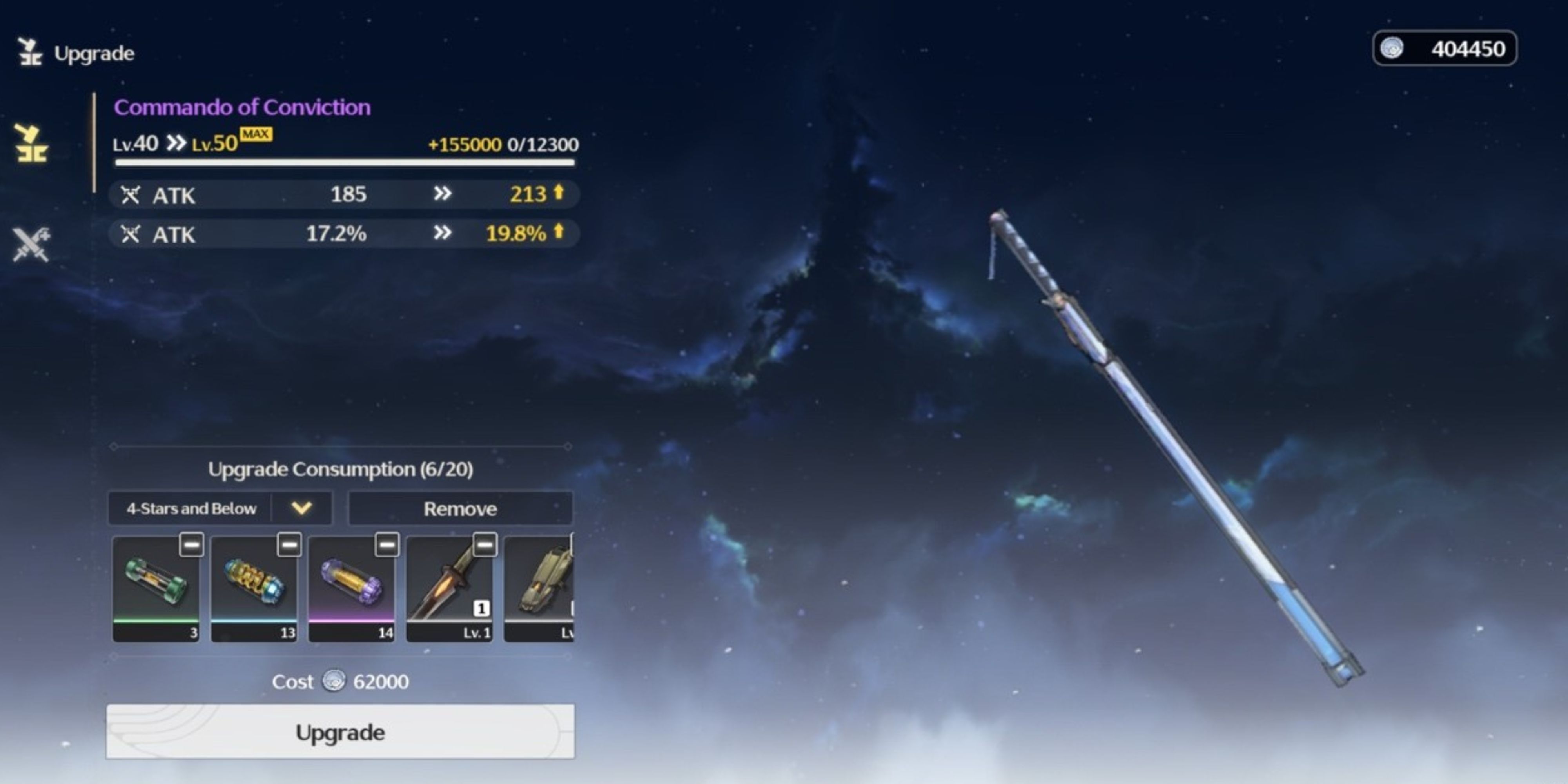 weapon upgrading menu in wuthering waves. 