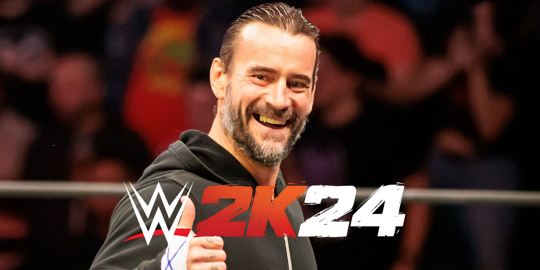 A photo of CM Punk with the WWE 2K24 logo placed below him.