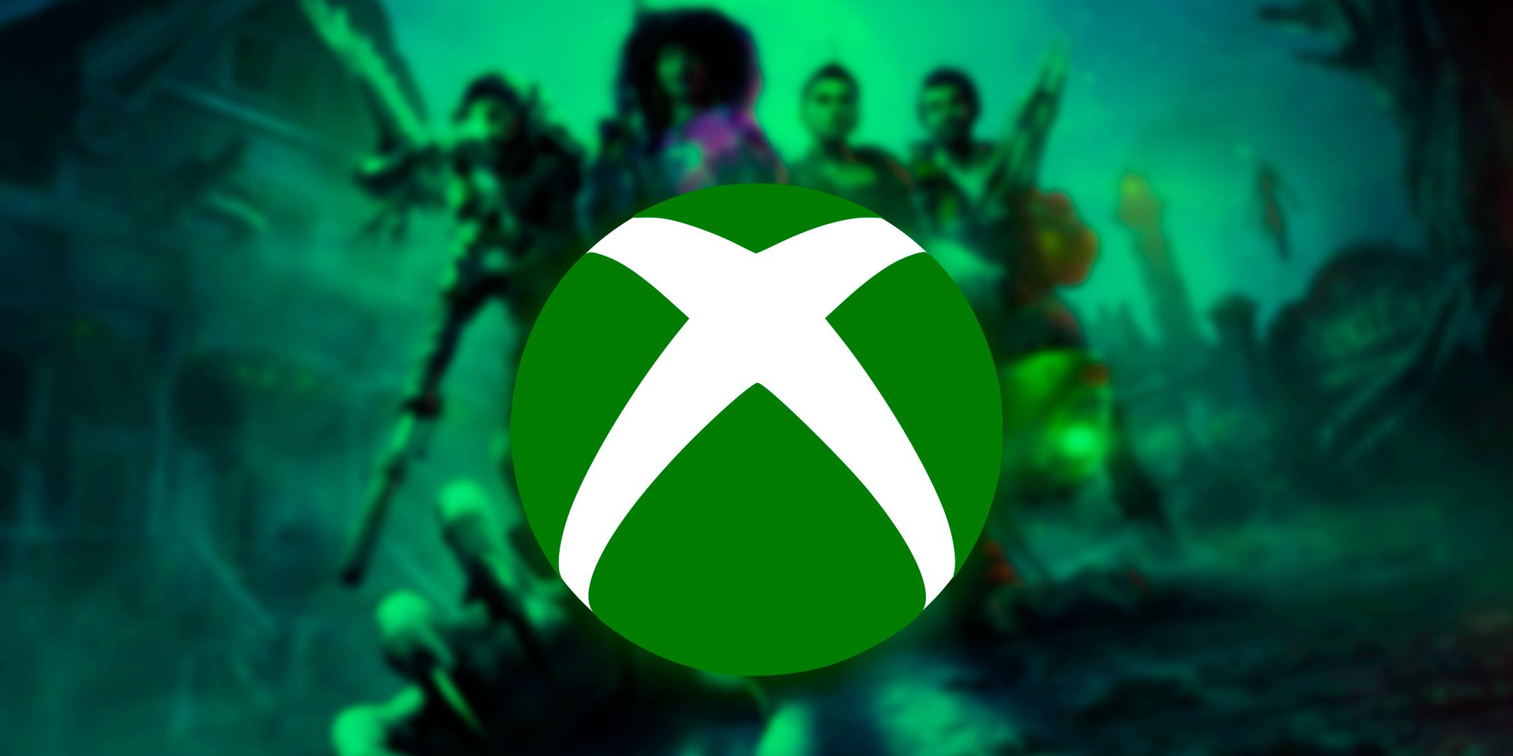 Xbox logo over a green tinted background of the cover art for Redfall