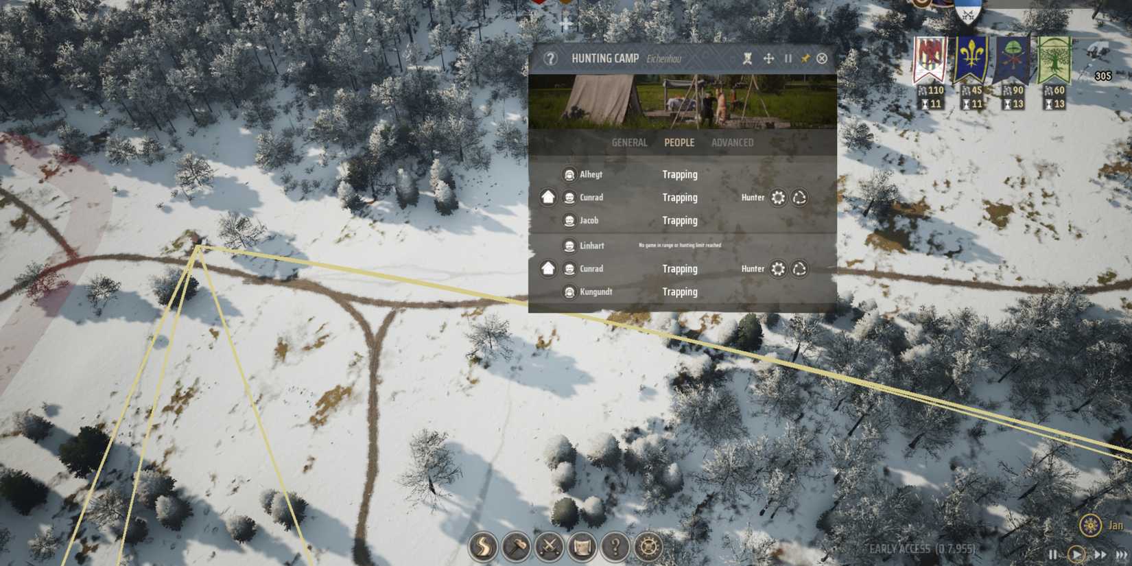 yellow lines showing workers in second hunting camp in manor lords