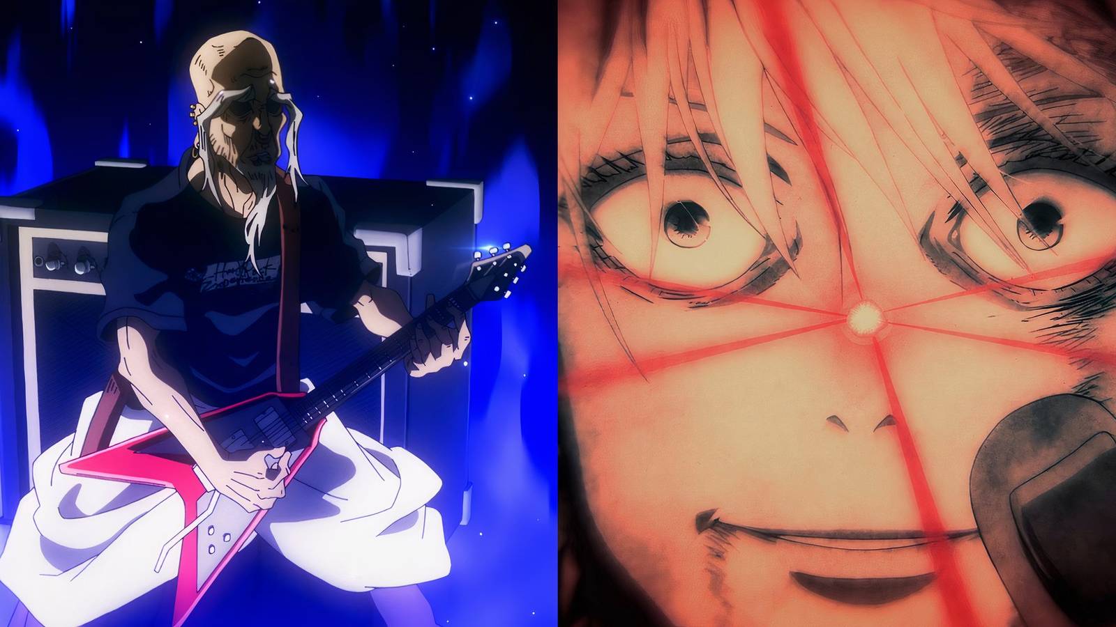 Yoshinobu Gakuganji playing the guitar with a blue background, and Satoru Gojo using limitless in Jujutsu Kaisen