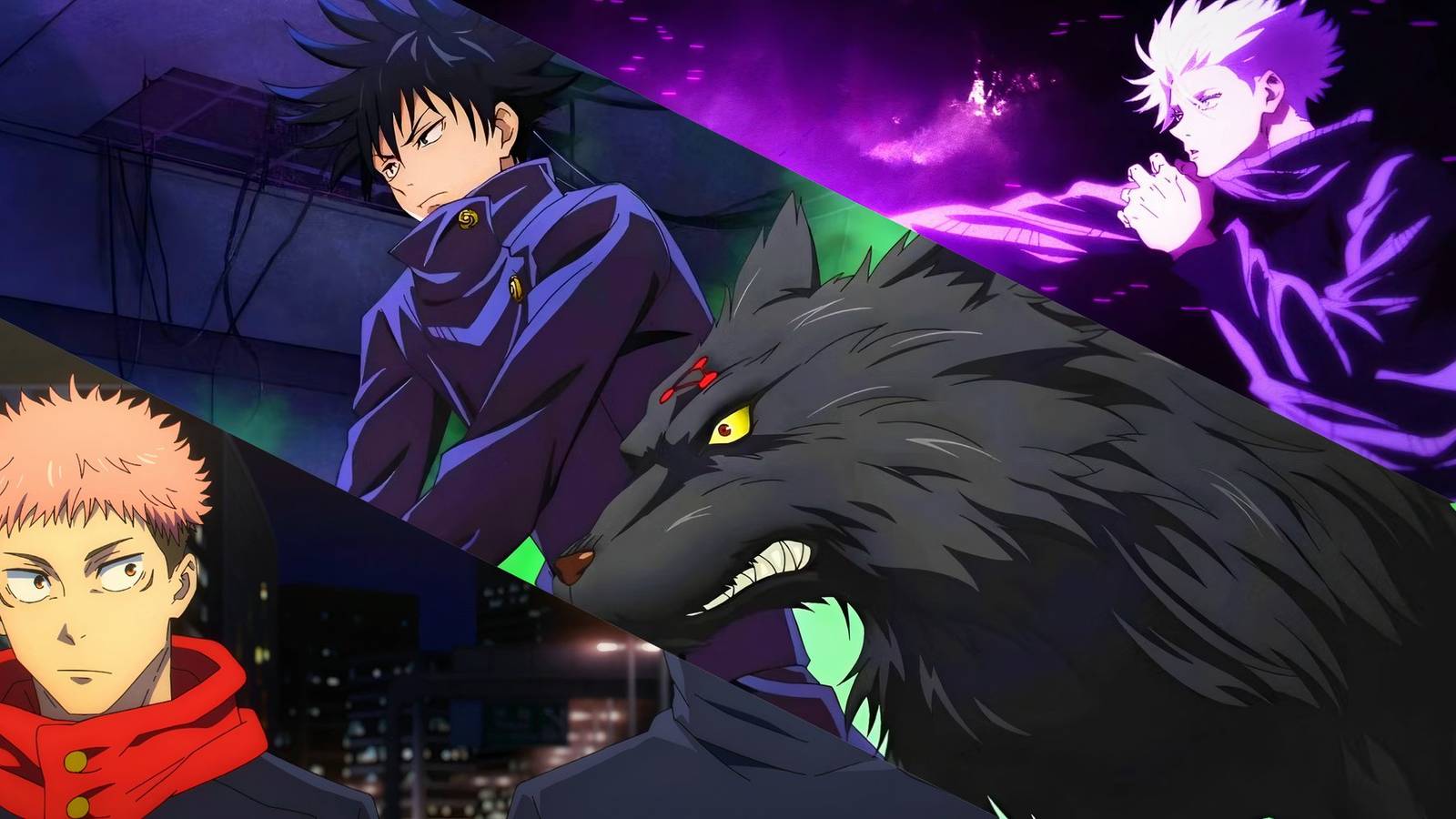 Yuji Itadori, Megumi Fushiguro with Shikigami, and Gojo performing Limitless in Jujutsu Kaisen