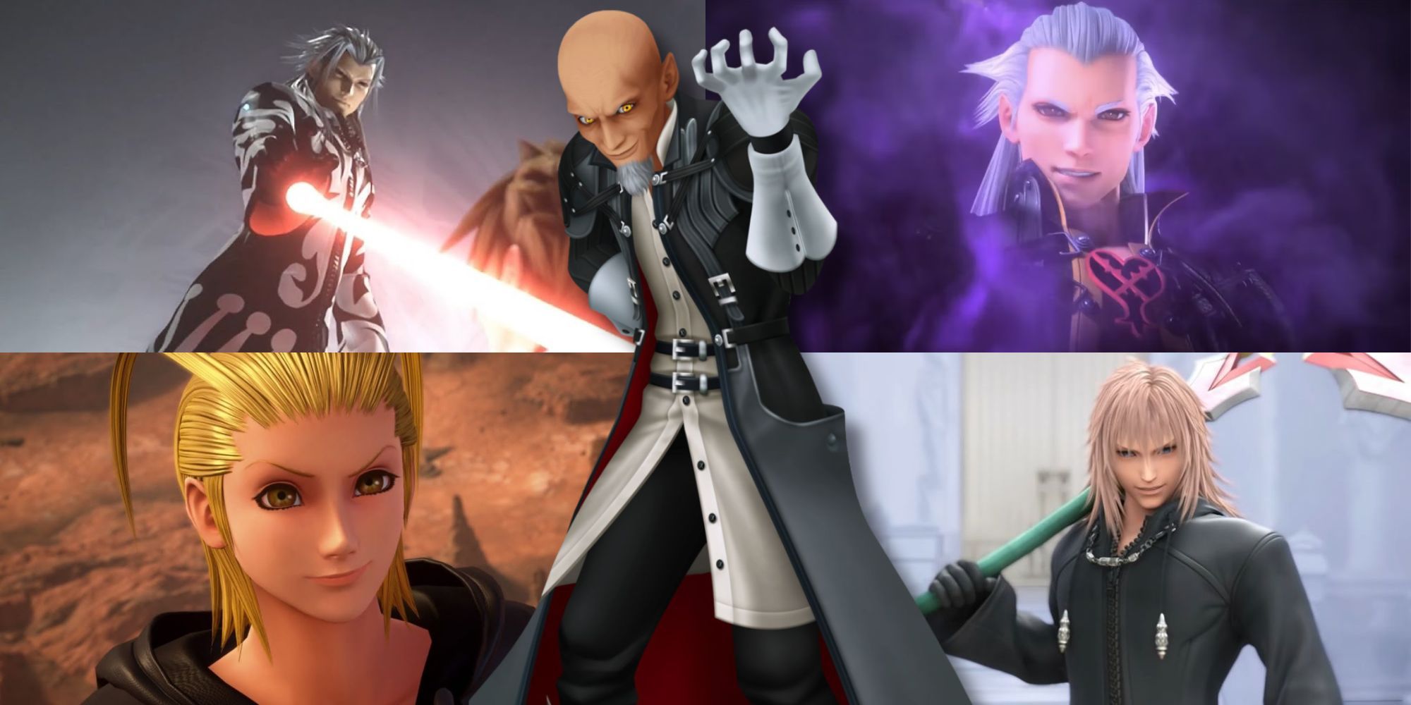 A collage of Master Xehanort, alongside other prominent Kingdom Hearts villains: Xemnas, Ansem, Larxene and Marluxia.