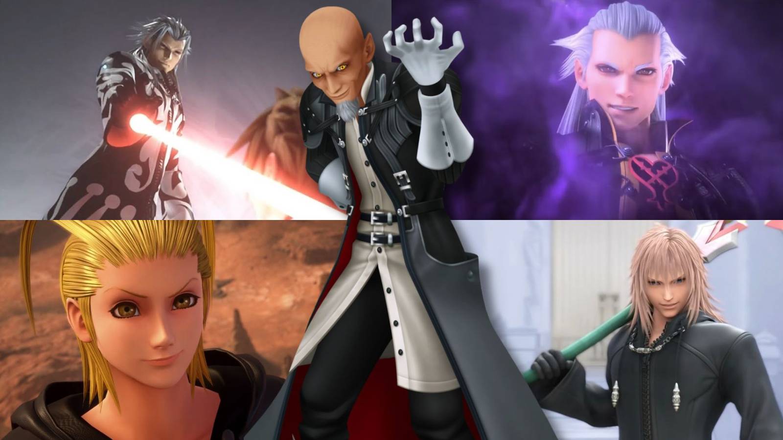 A collage of Master Xehanort, alongside other prominent Kingdom Hearts villains: Xemnas, Ansem, Larxene and Marluxia.