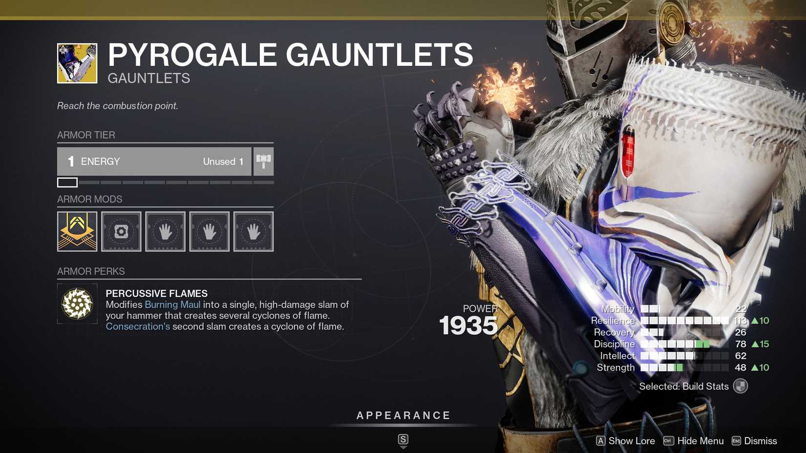 Pyrogale Gauntlets for a Destiny 2 Prismatic Titan build