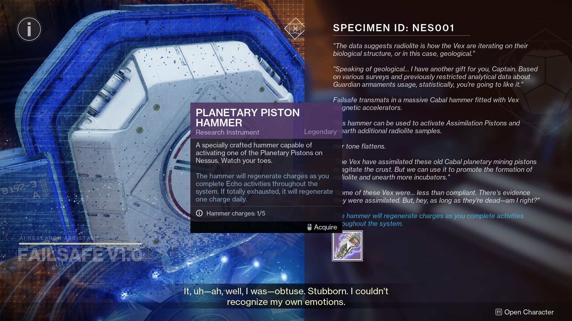 The Planetary Piston Hammer's description in Destiny 2