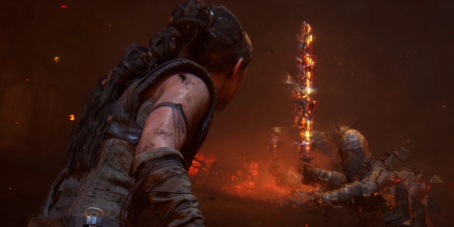 An image of Senua engaging in a fight with an active mod from Senua's Saga: Hellblade 2 