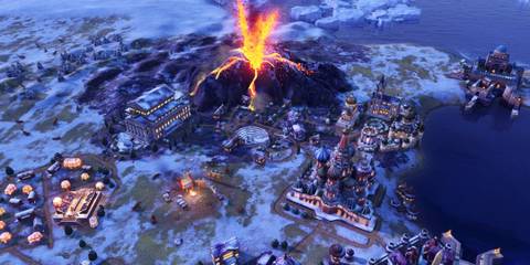 An erupting volcano in Civilization 6