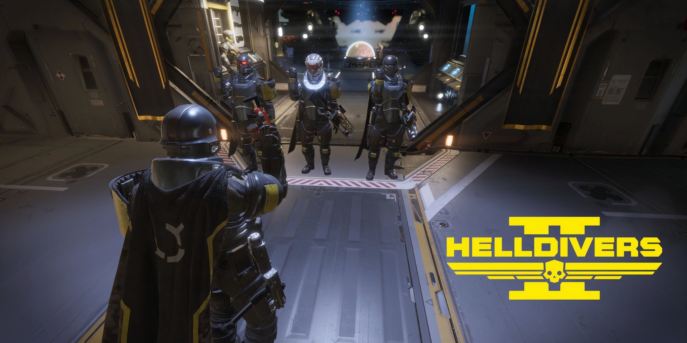A Helldivers 2 squad on a Ship