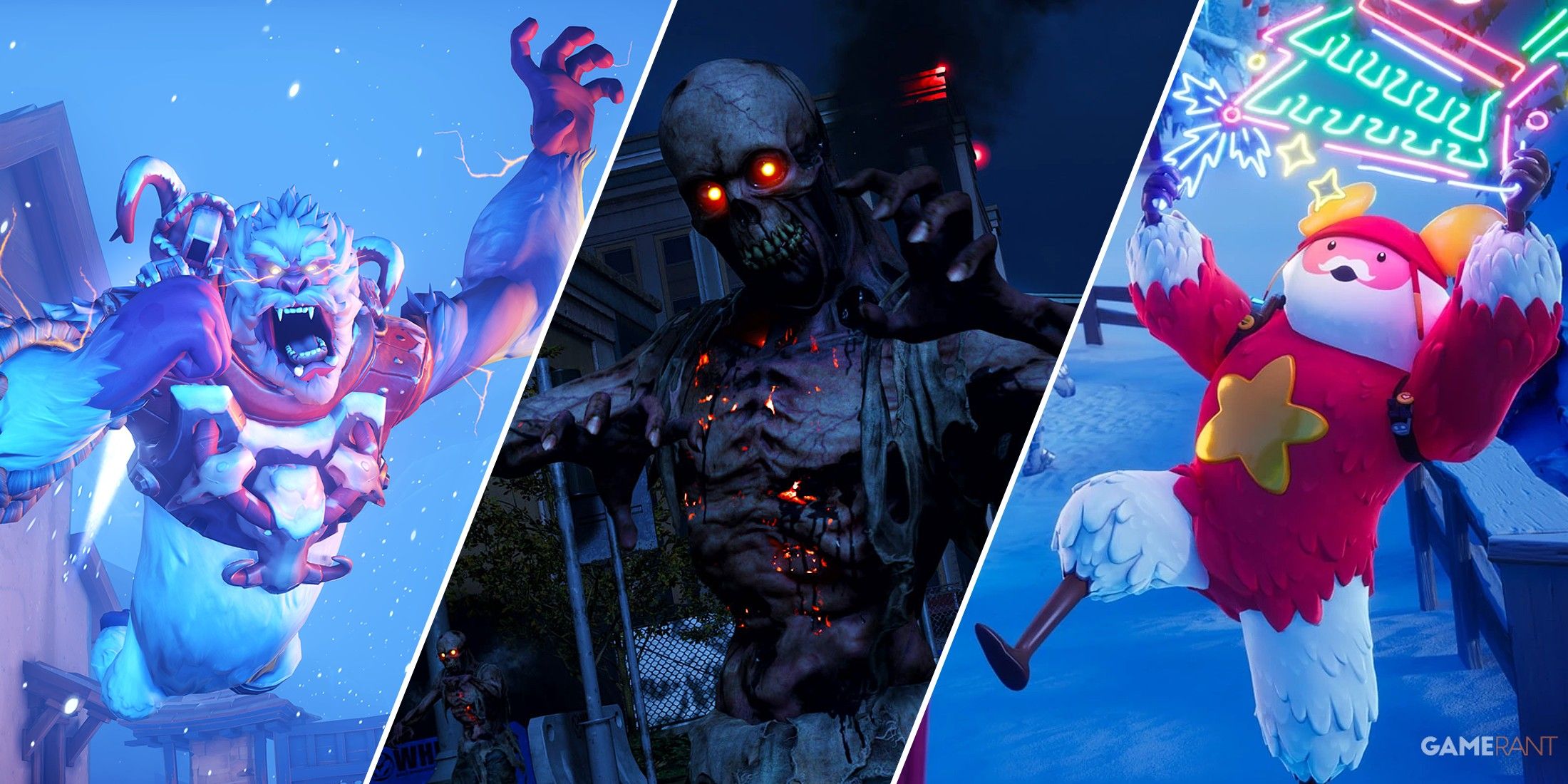 Split-image showcasing various seasonal events in Overwatch 2, Call Of Duty: Warzone, and Fortnite