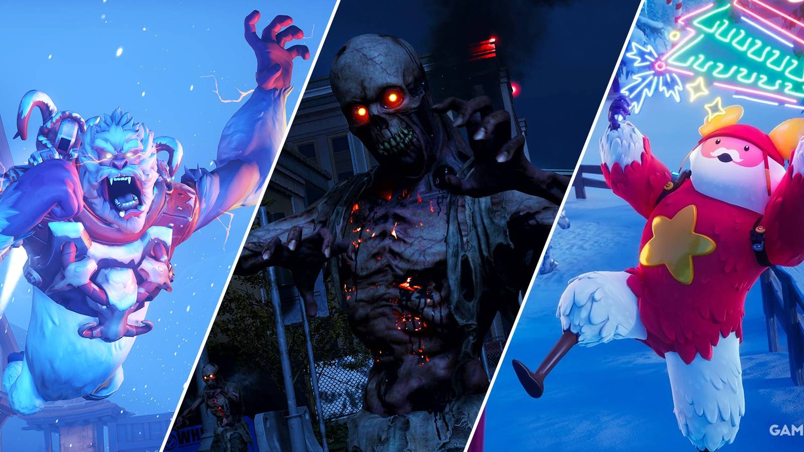 Split-image showcasing various seasonal events in Overwatch 2, Call Of Duty: Warzone, and Fortnite