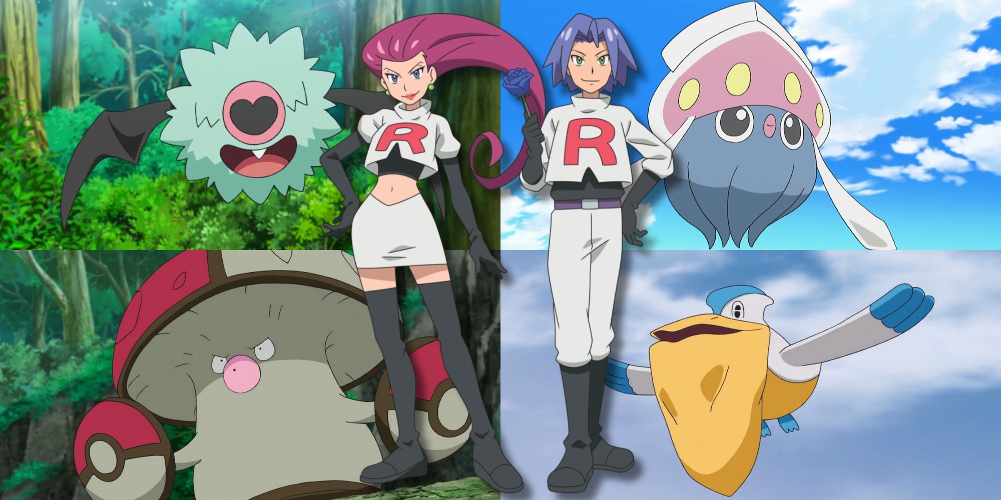 A collage of Jessie & James alongside some of their most wasted Pokemon: Woobat, Inkay, Amoonguss and Pelipper.