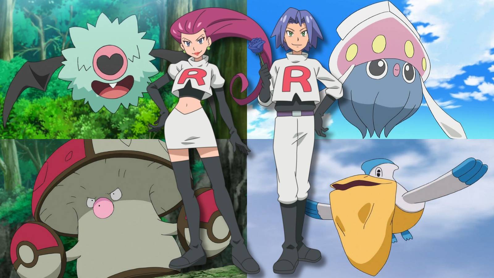 A collage of Jessie & James alongside some of their most wasted Pokemon: Woobat, Inkay, Amoonguss and Pelipper.