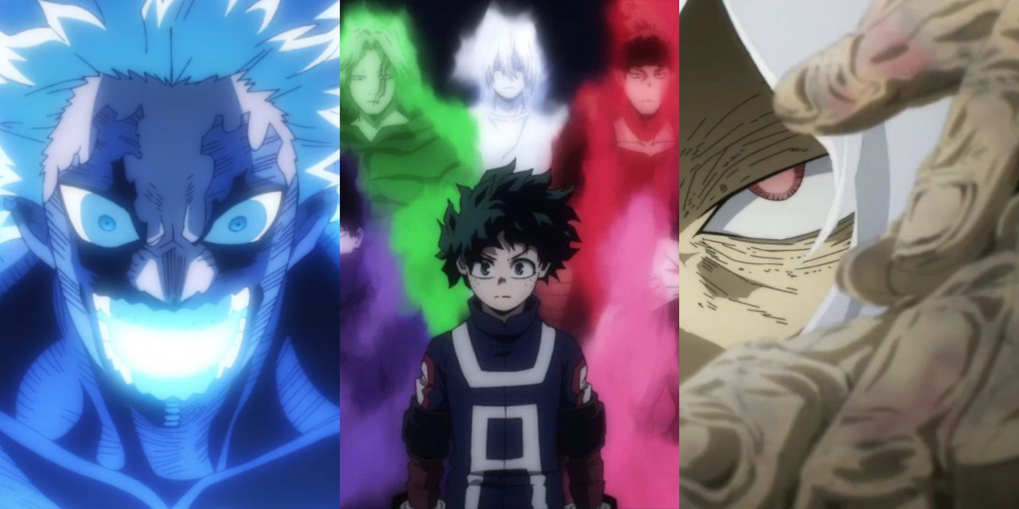 A collage of 3 different plot threads in My Hero Academia that need to be resolved: Dabi's fate, Deku's lack of quirk and the Quirk Singularity Theory.