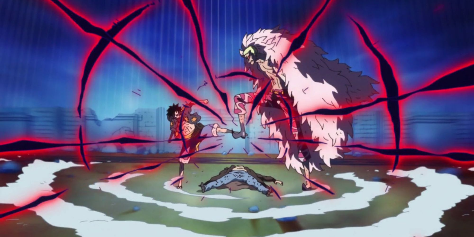 A clash of Conqueror's Haki between Luffy and Doflamingo.