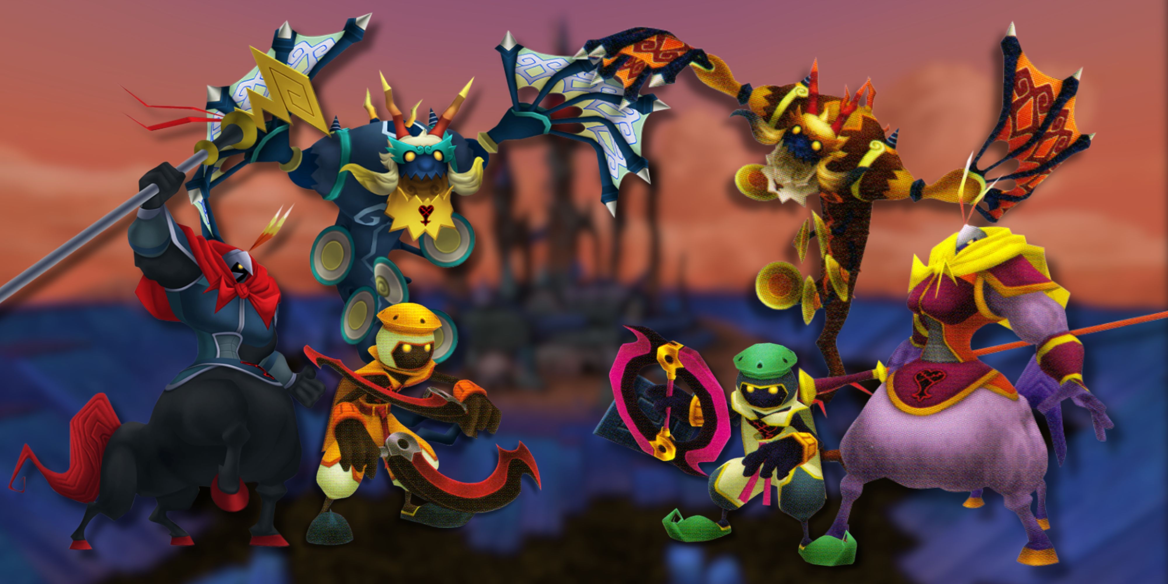 A comparison between the different colored Heartless of KH2 and KH2FM, Assault Rider, Luna Bandit and Storm Rider.