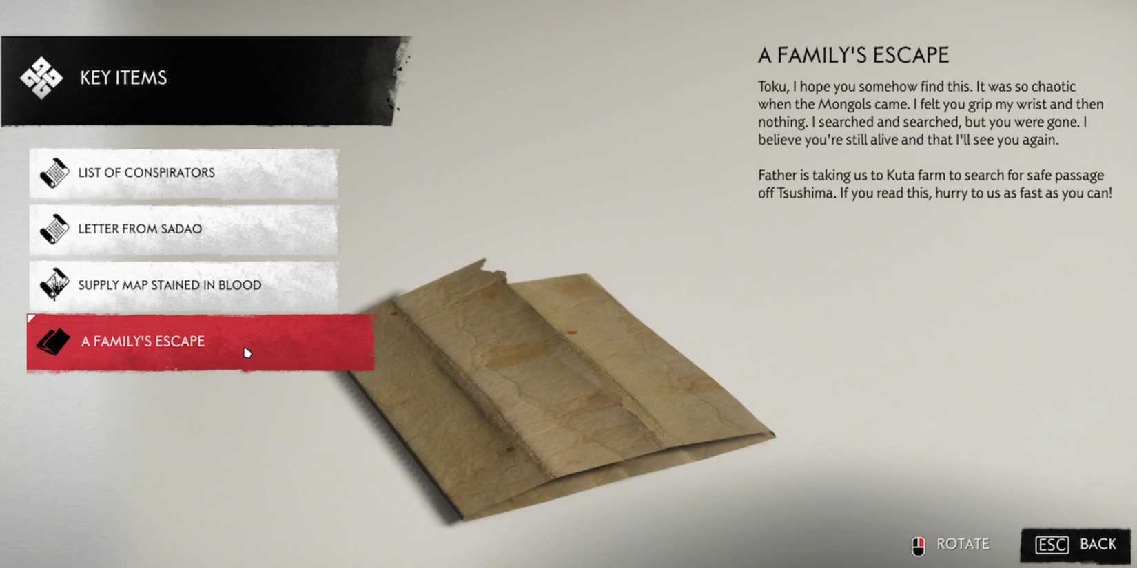 a family's escape key item entry in ghost of tsushima