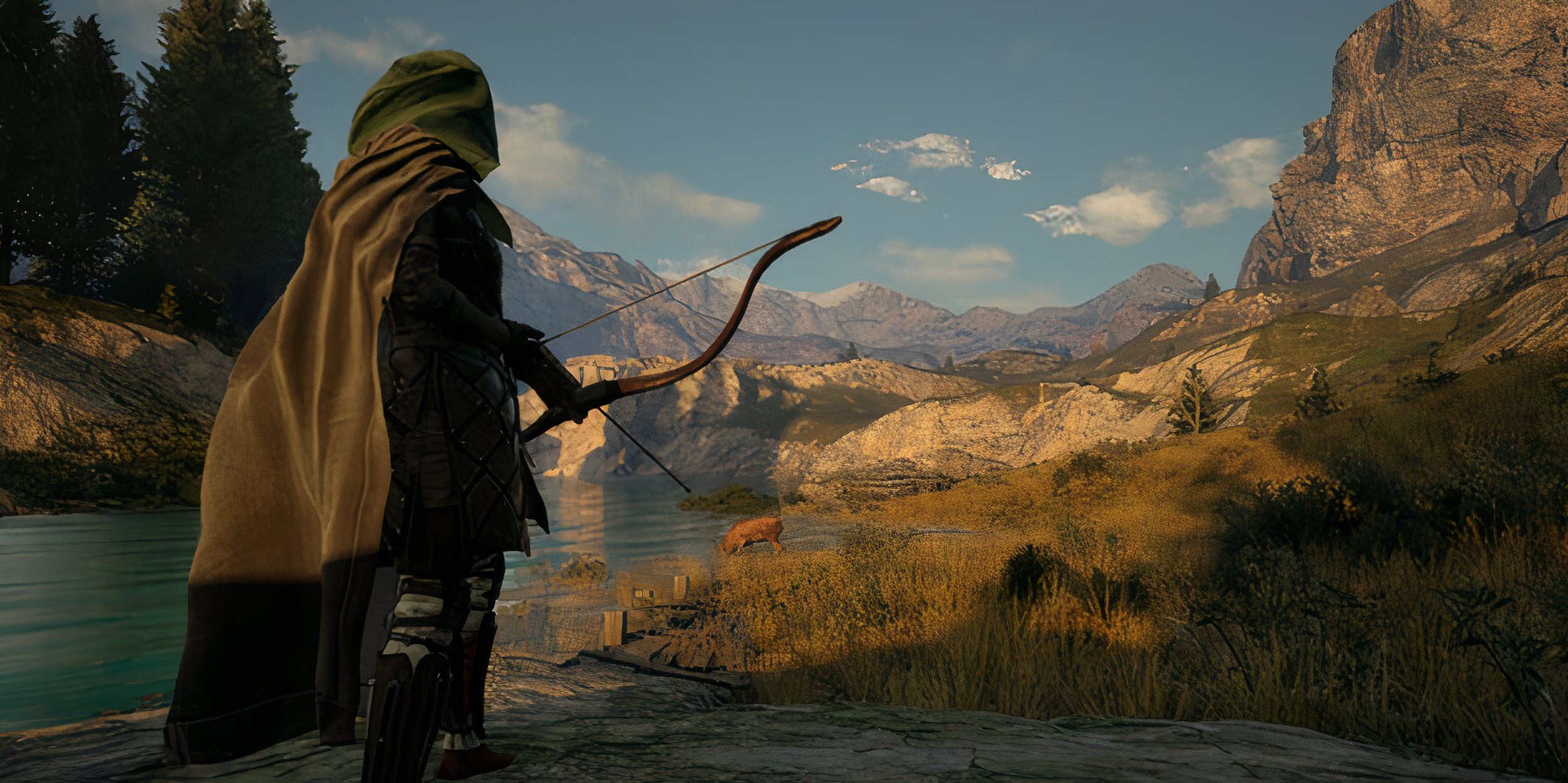 A player holding a bow in Pax Dei
