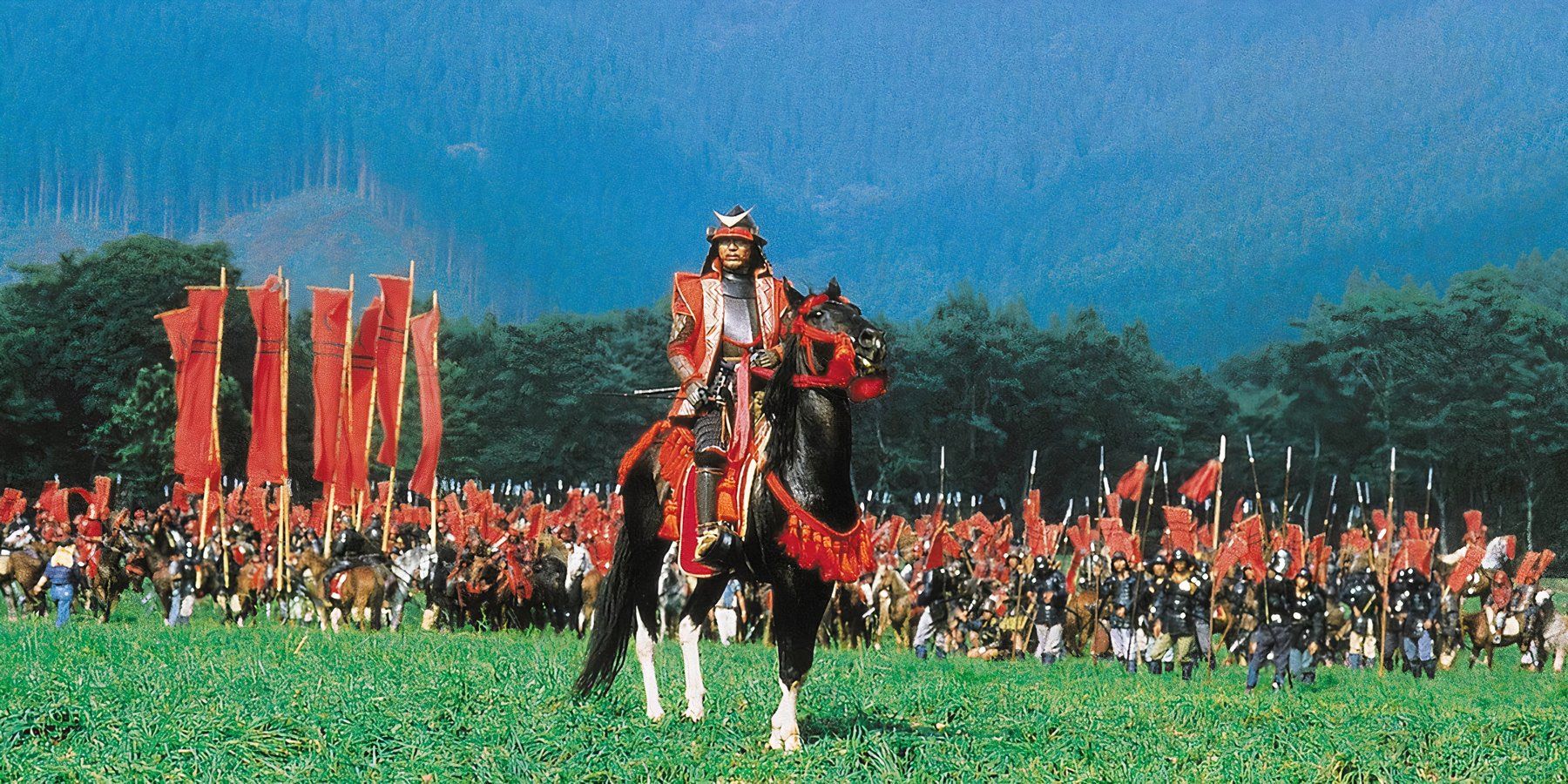 A samurai on a horse with an army in Akia Kurosawa's Ran