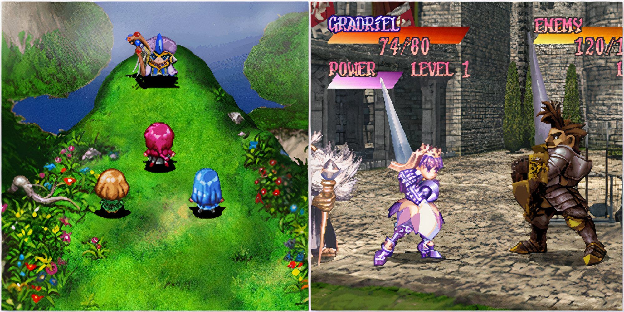 A scene featuring characters in Magic Knight Rayearth and Fighting a battle in Princess Crown