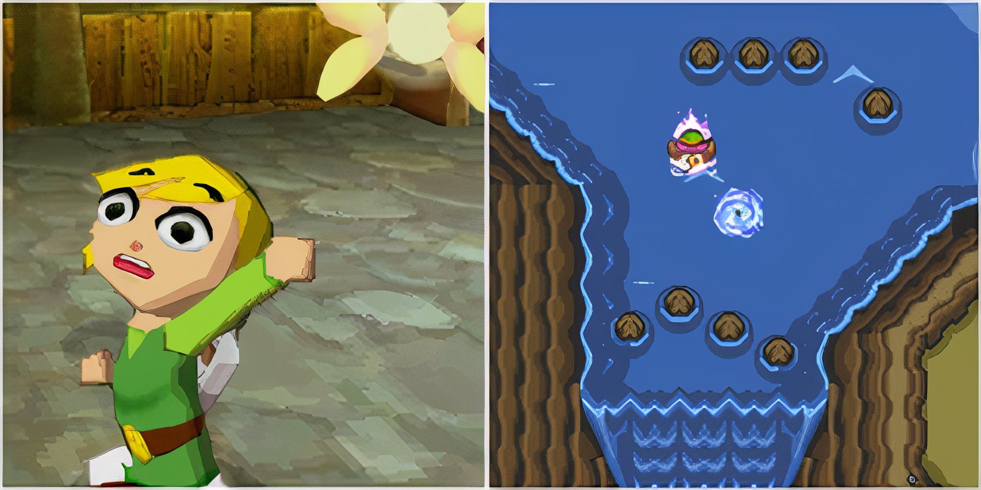 A scene featuring characters in The Legend of Zelda Phantom Hourglass and Swimming in The Legend of Zelda A Link to the Past