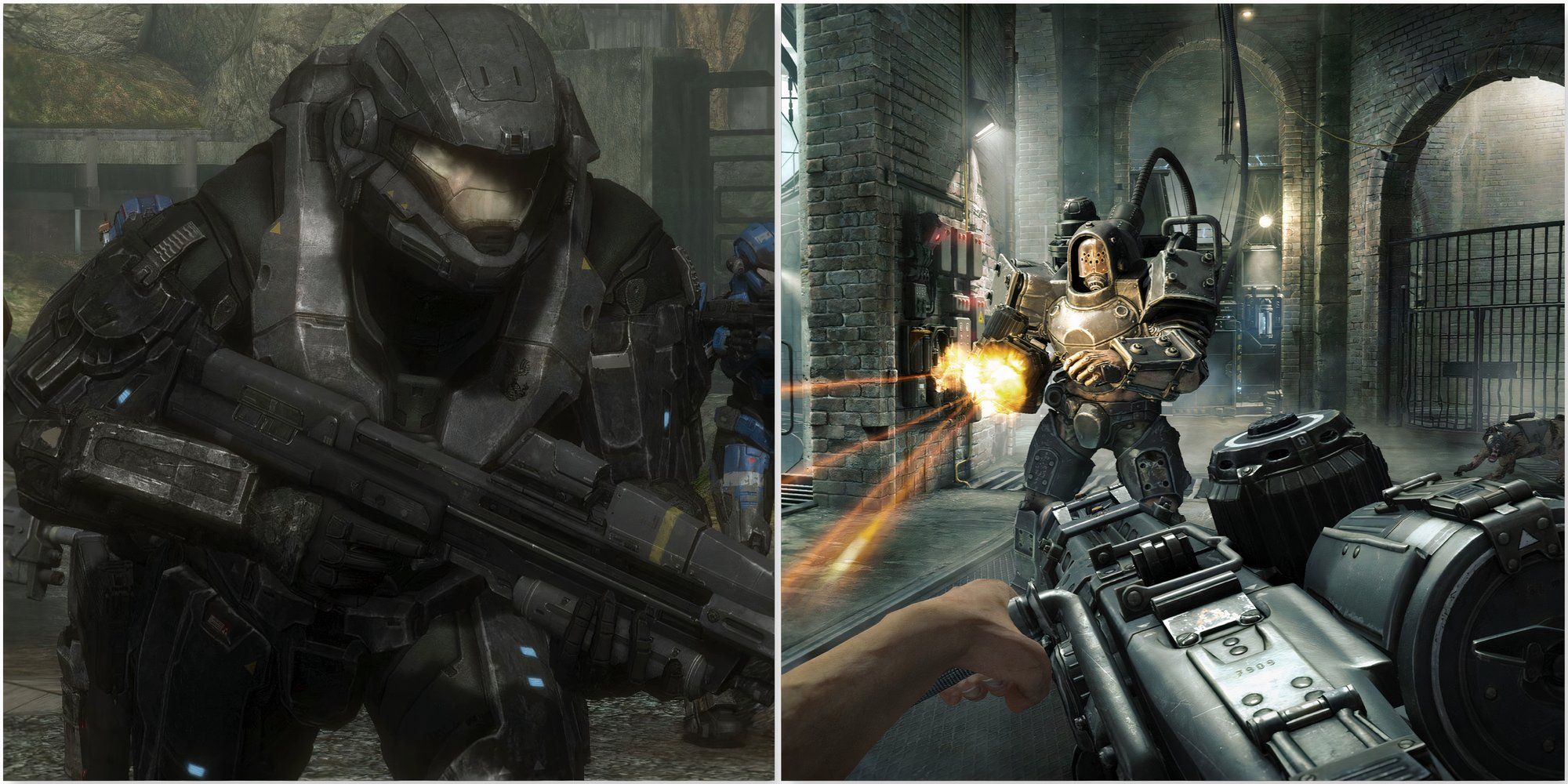 A spartan in Halo Reach and Shooting enemies in Wolfenstein The Old Blood