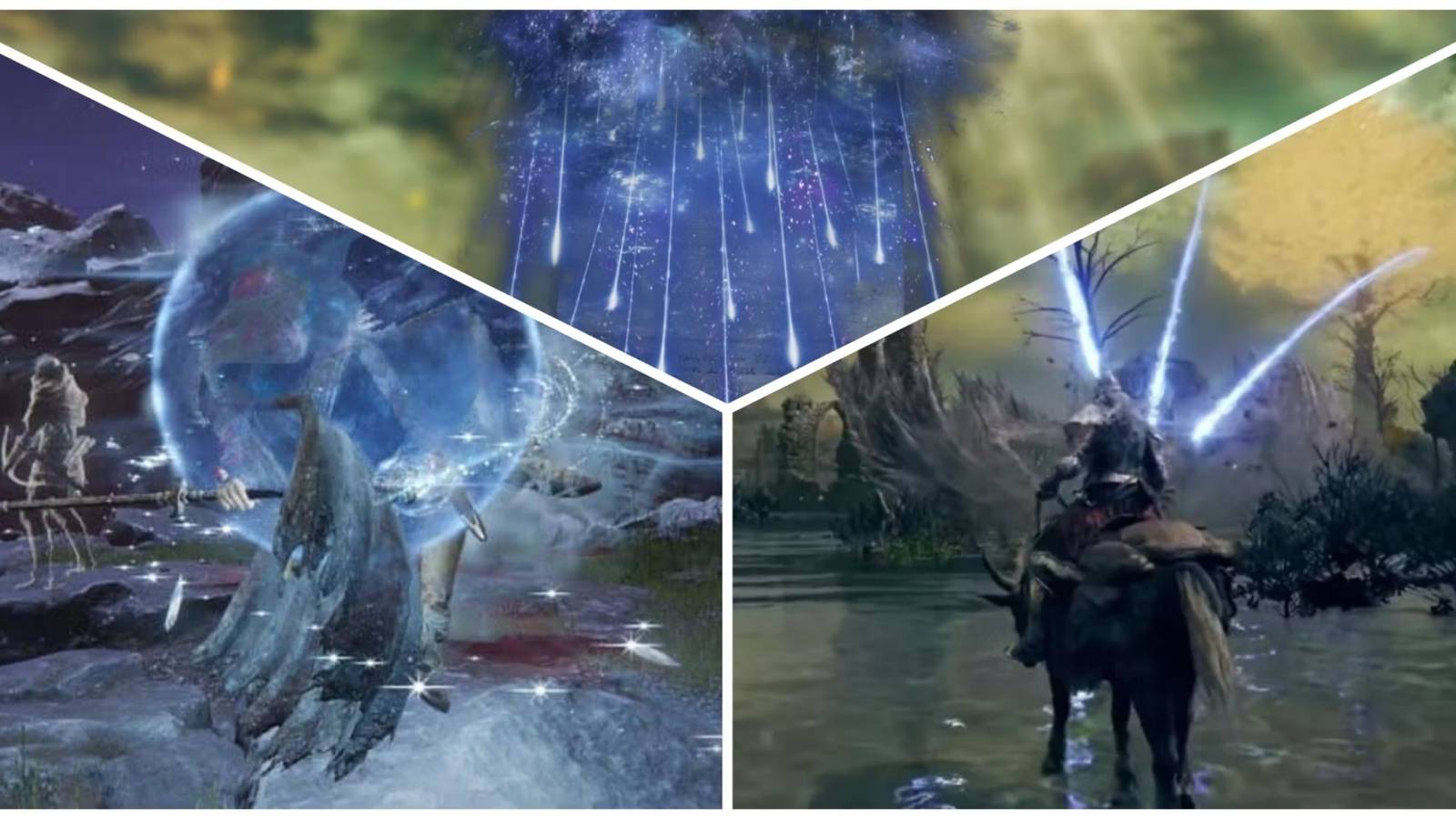 A split image of the Tarnished casting magic spells in Elden Ring