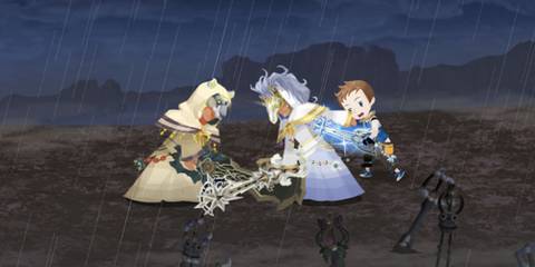 Aced, Ira and the player fighting during the Keyblade War in Kingdom Hearts Union X Dark Road