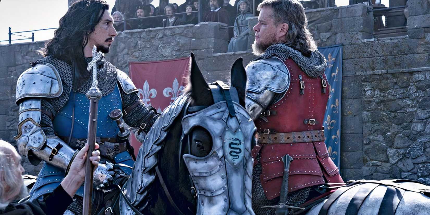 Adam Driver and Matt Damon in a duel on horses in The Last Duel