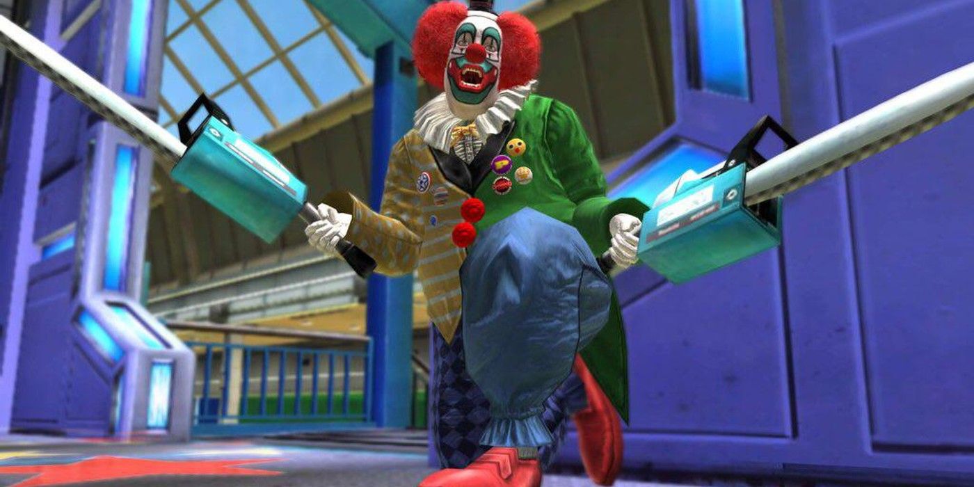 Adam the Clown from Dead Rising evil grin dual wielding chainsaws on one knee in mall