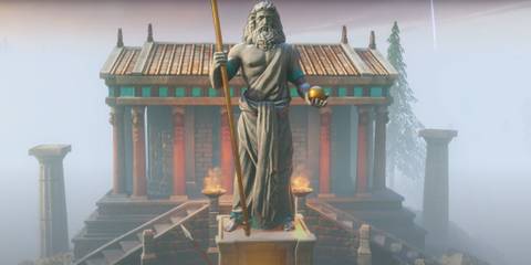 A screenshot from the promotional trailer for Age of Mythology: Retold, featuring a Greek temple