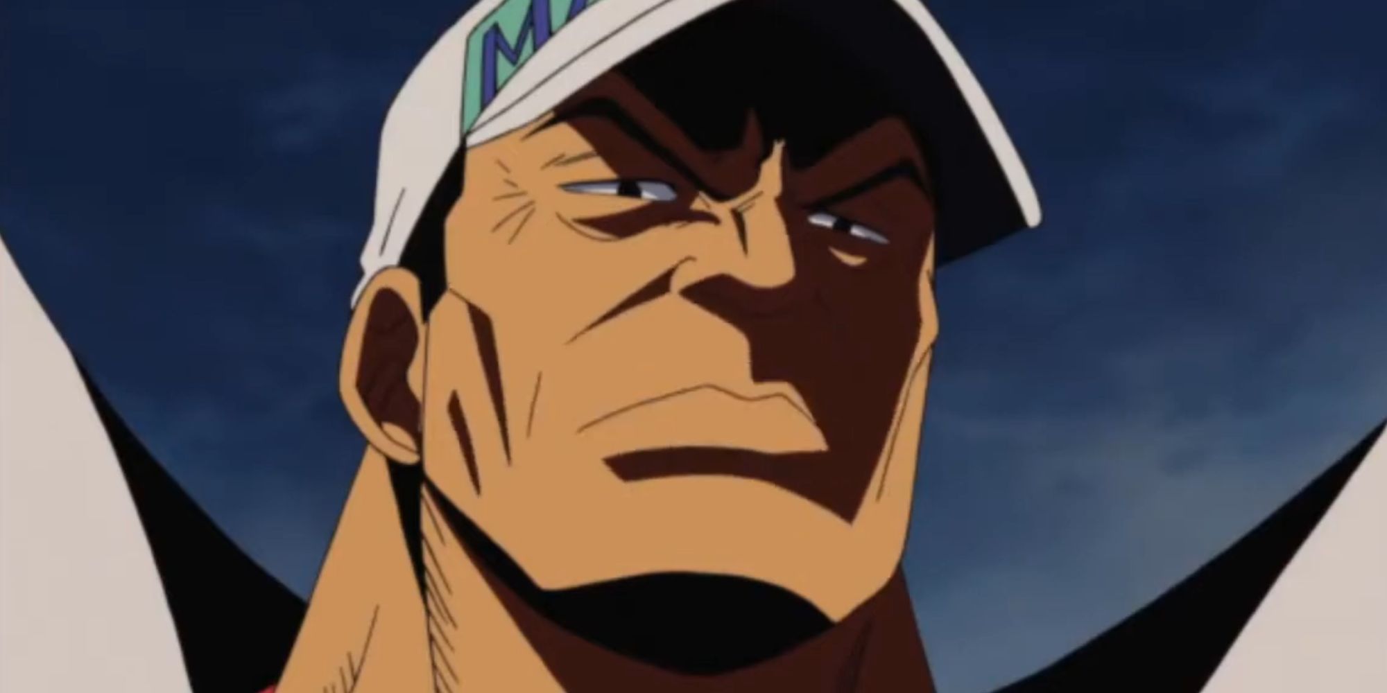 Akainu looks down at Luffy before trying to kill him.