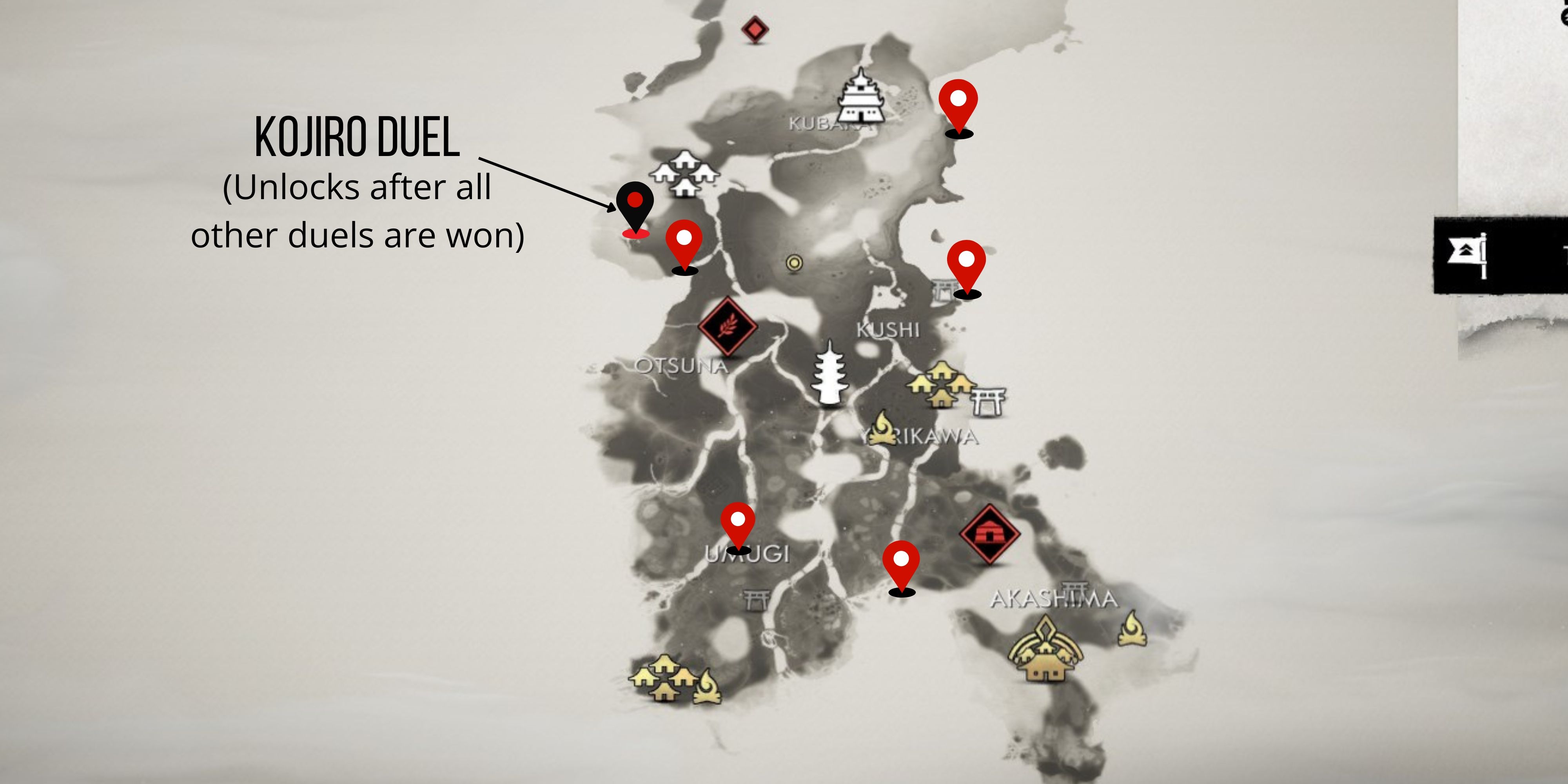 all duel locations in the six blades of kojiro mythic tale in ghost of tsushima