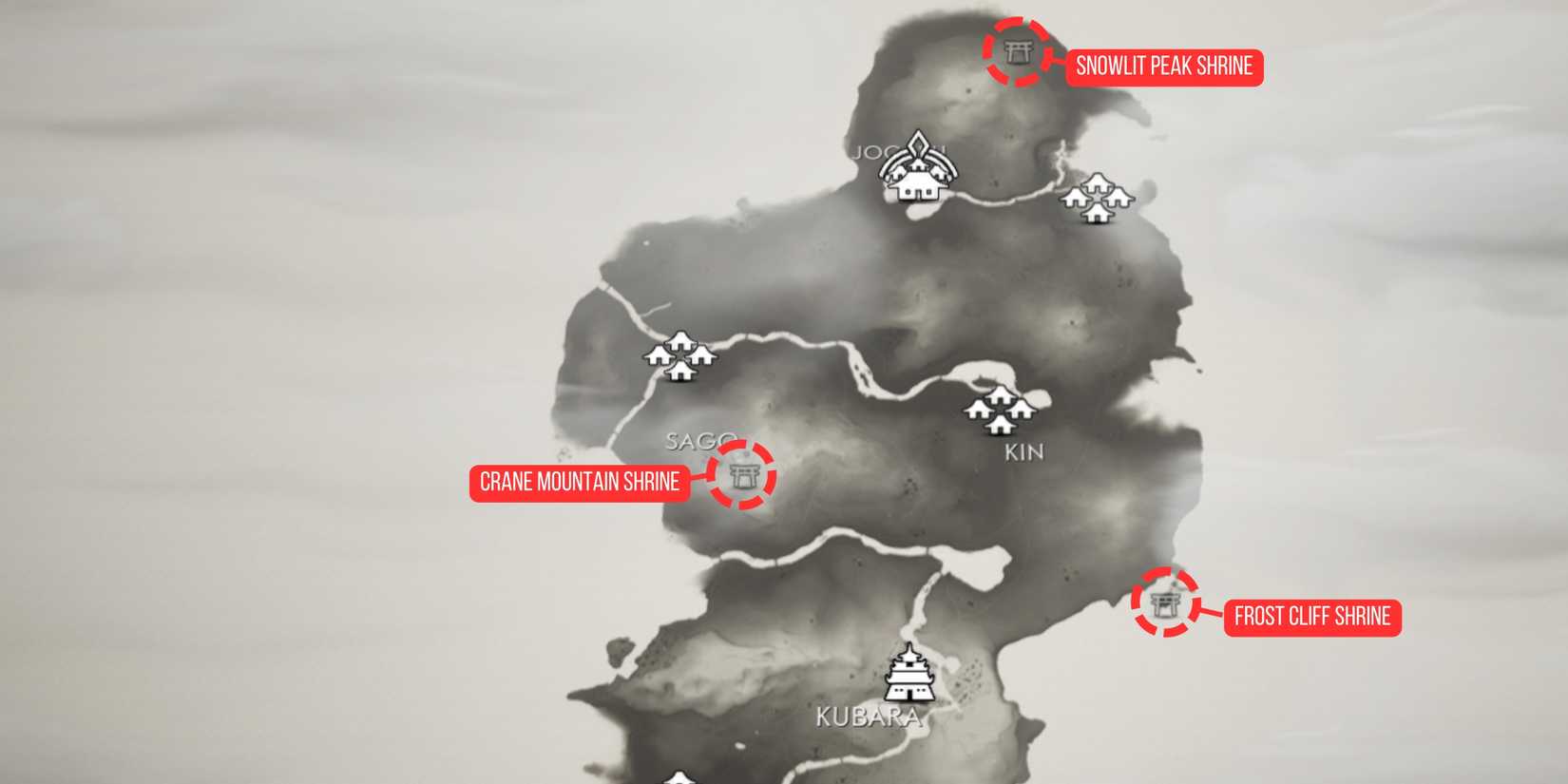 All Shrines in Kamiagata marked on the map in Ghost of Tsushima