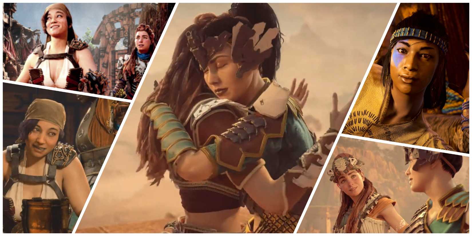 Aloy hugging Talanah, having beers with Petra and sleepovers with Vala in Horizon Zero Dawn and Forbidden West