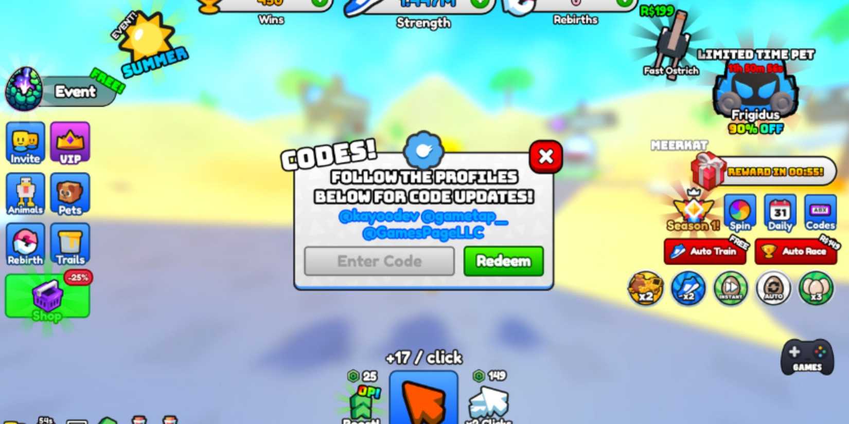 Animal Race the codes tab
