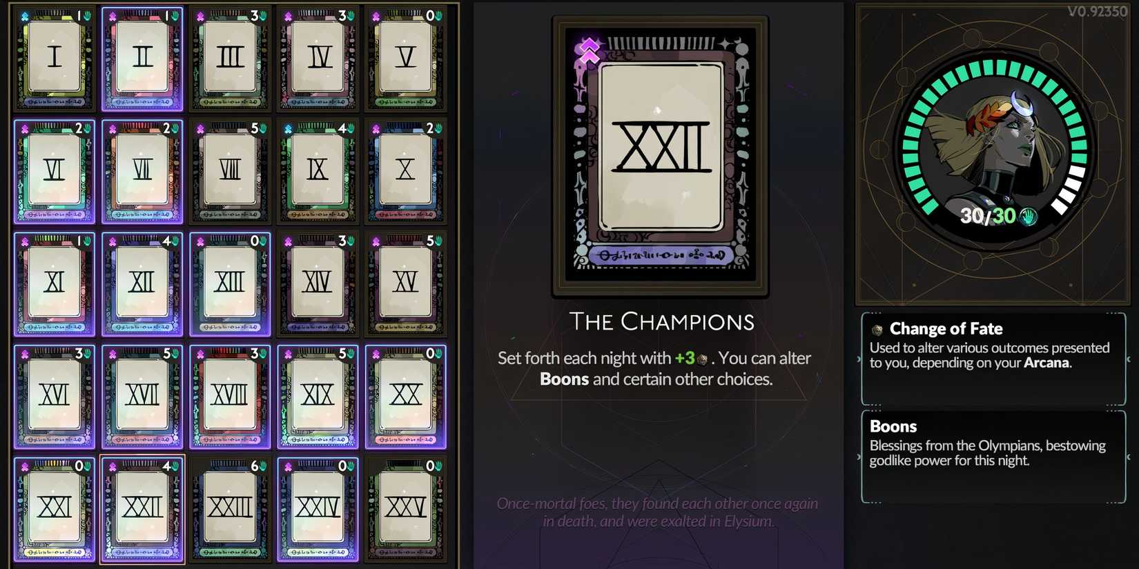 Arcana cards for the Aspect of Artemis in Hades 2