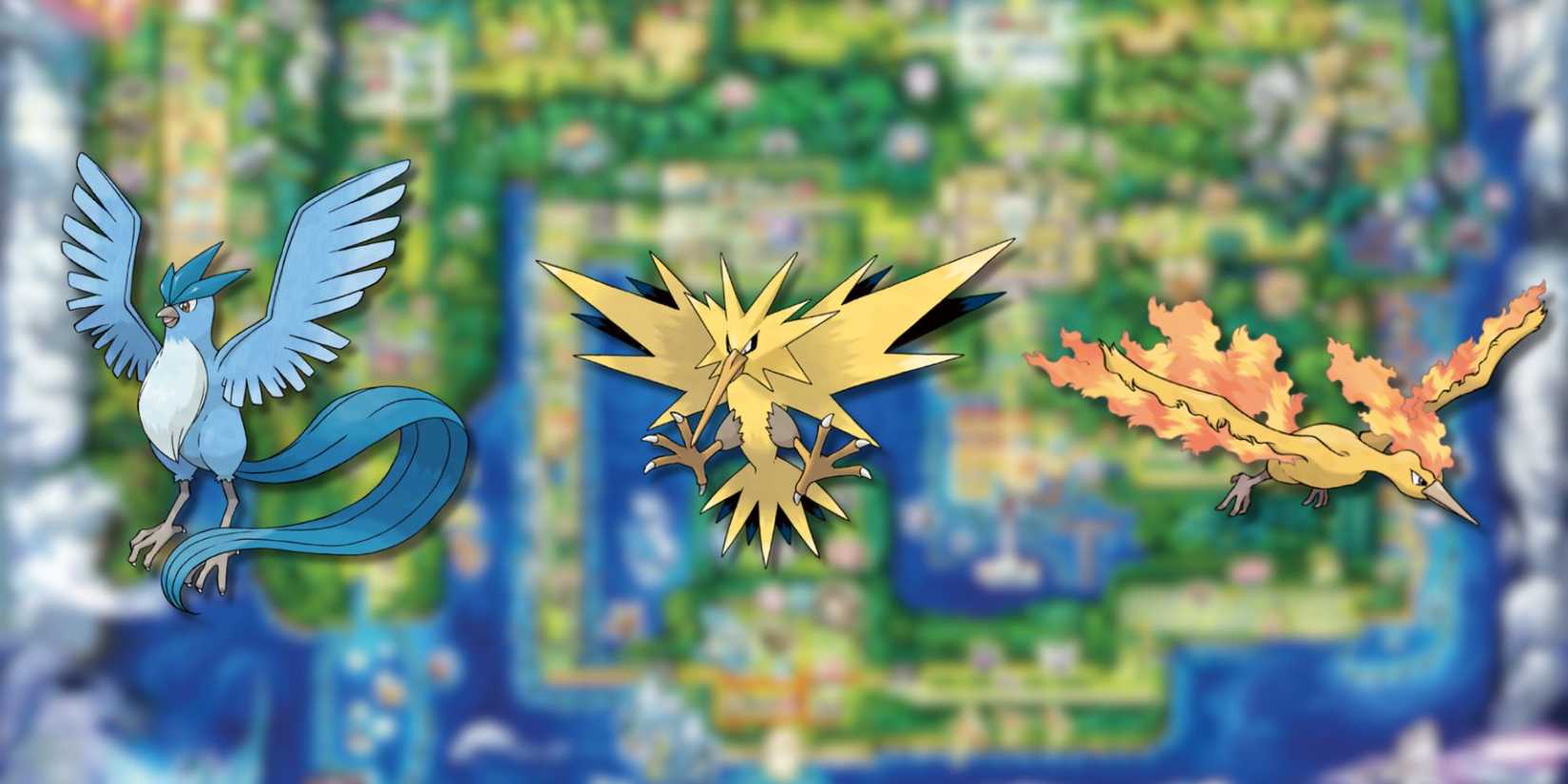 Articuno, Zapdos and Moltres in the Kanto Region.