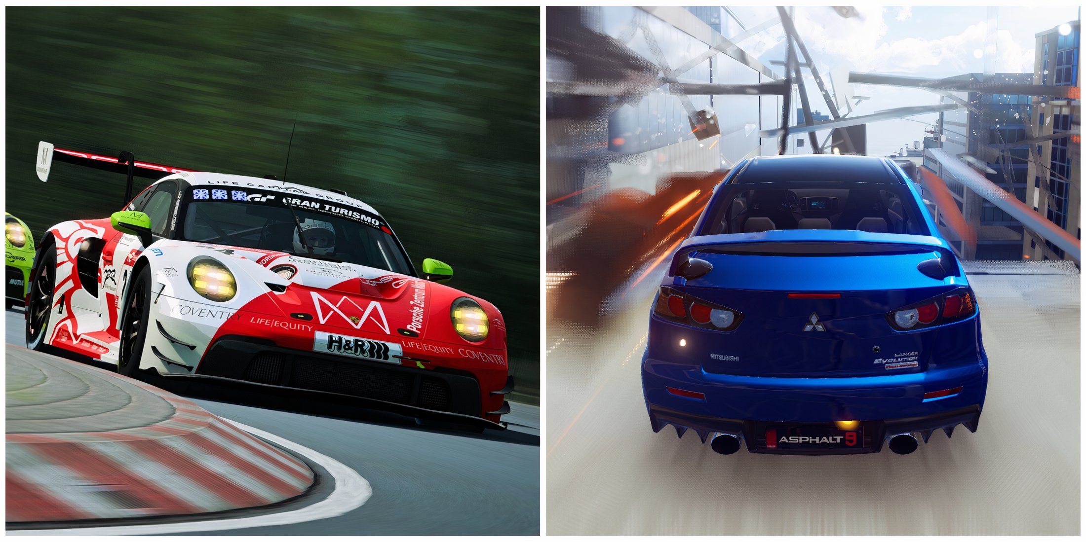 Split image of cars in RaceRoom and Asphalt 9: Legends