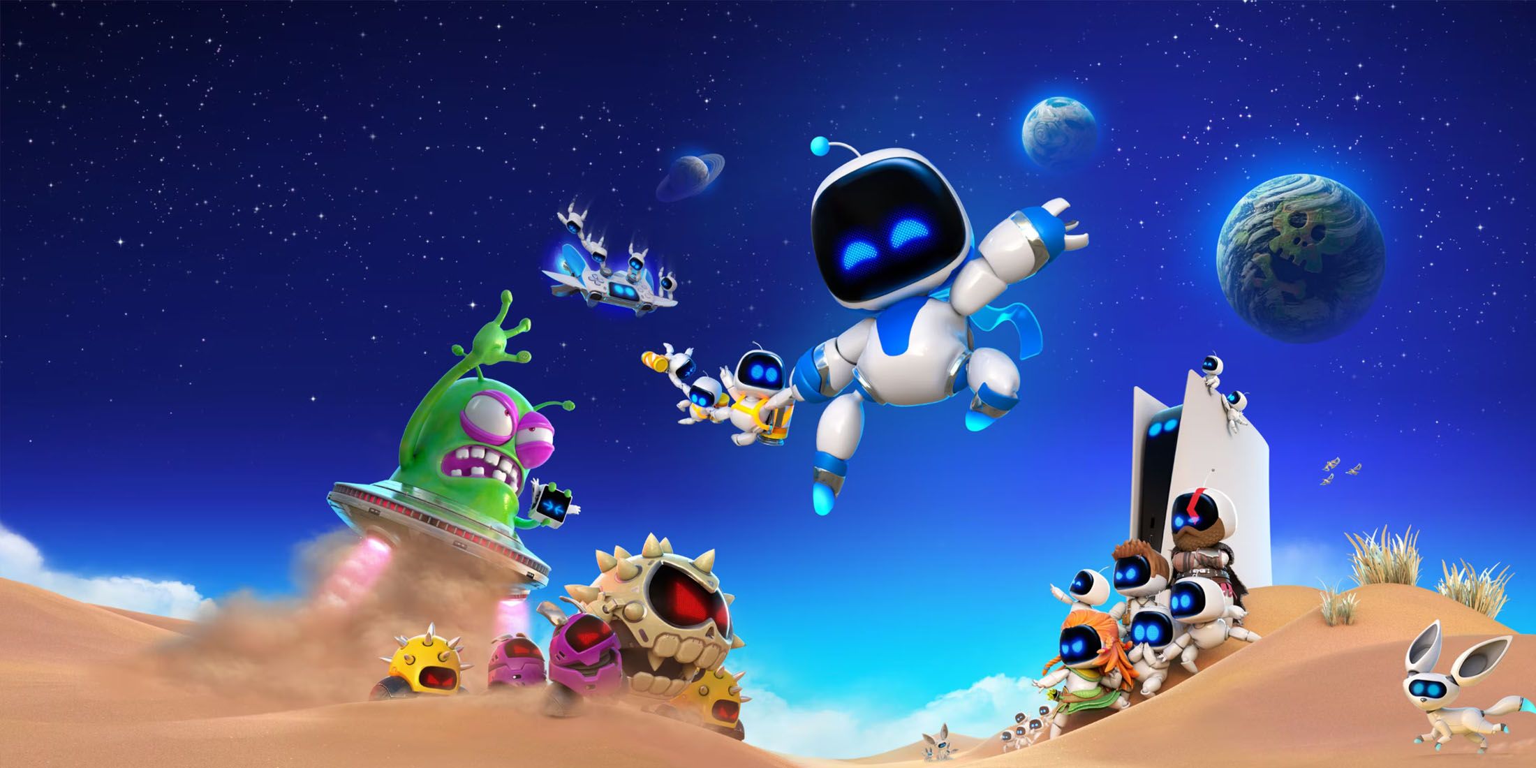 A promotional image of Astro Bot and various other characters on a desert world in Astro Bot.