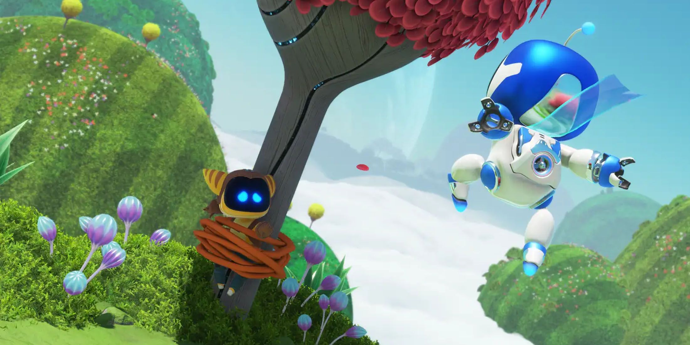 A screenshot of Astro Bot rescuing a robot that looks like Ratchet from Ratchet and Clank.