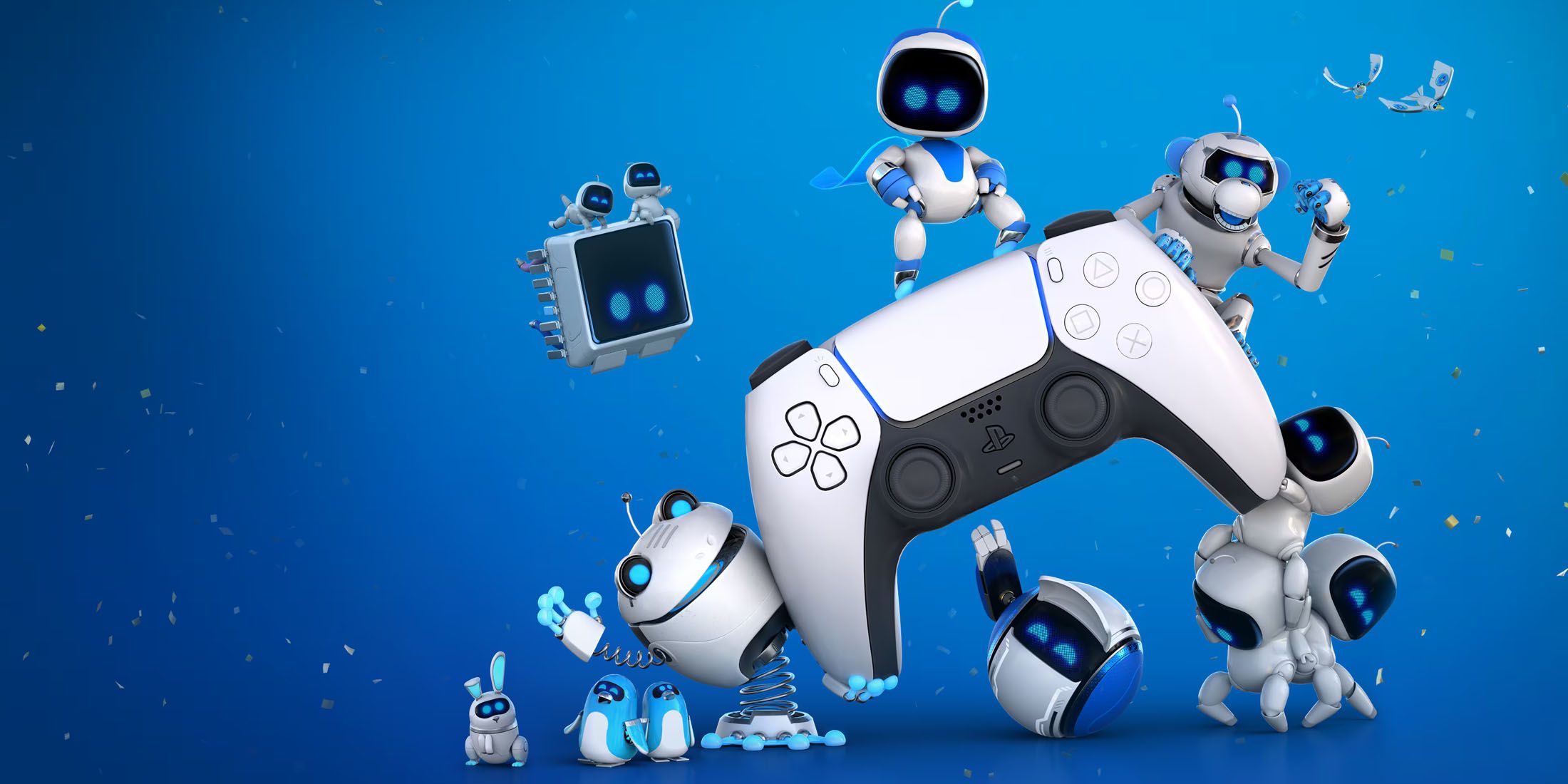 A promotional image of Astro Bot and his friends gathered around a PS5 DualSense controller against a blue background.