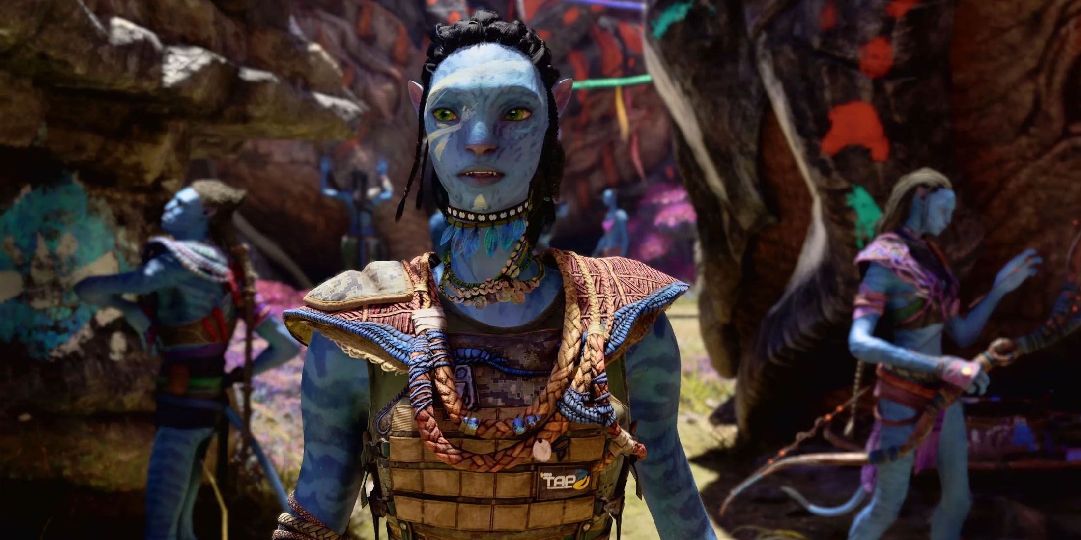 A screenshot of various Na'vi characters in Avatar: Frontiers of Pandora's The Sky Breaker DLC.