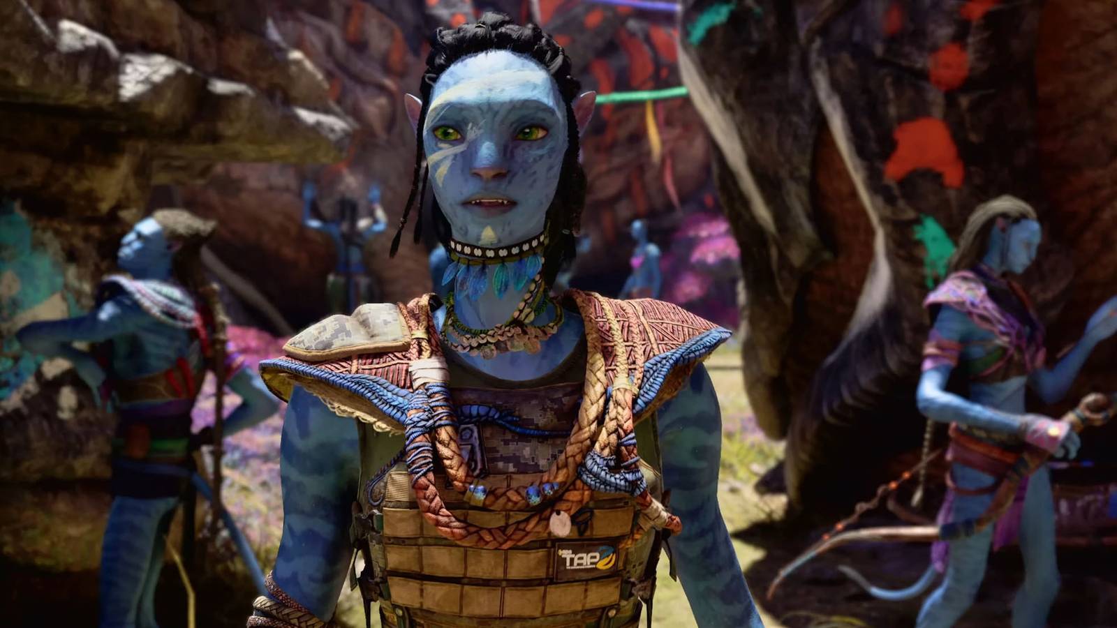 A screenshot of various Na'vi characters in Avatar: Frontiers of Pandora's The Sky Breaker DLC.