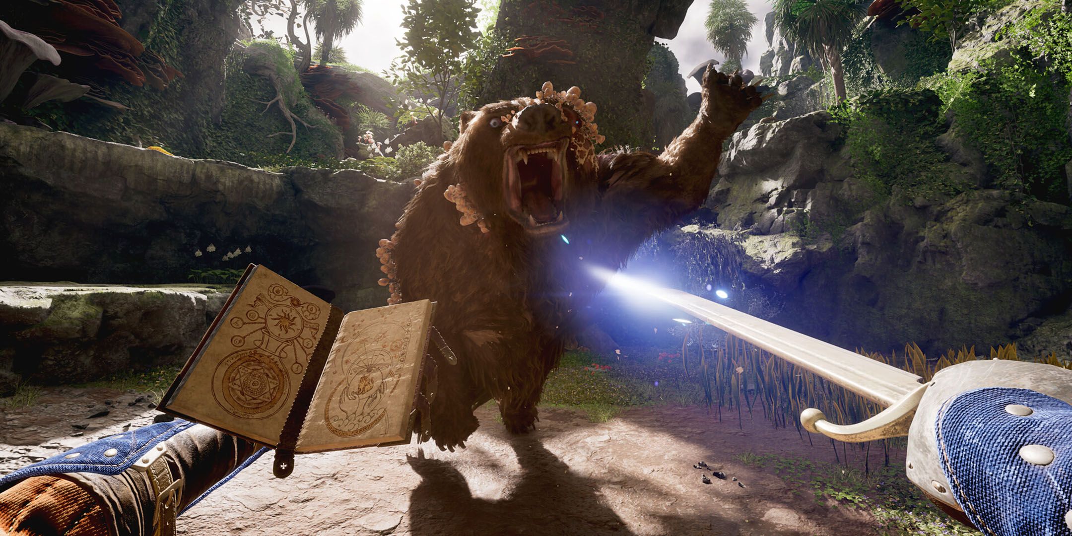 avowed player fighting bear with grimoire and sword