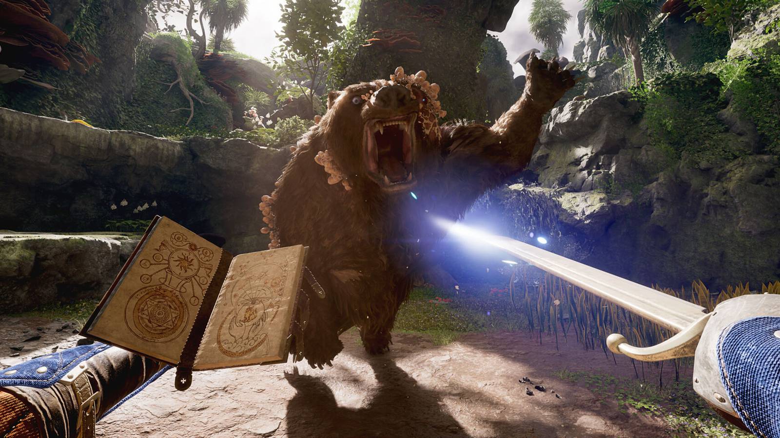 avowed player fighting bear with grimoire and sword